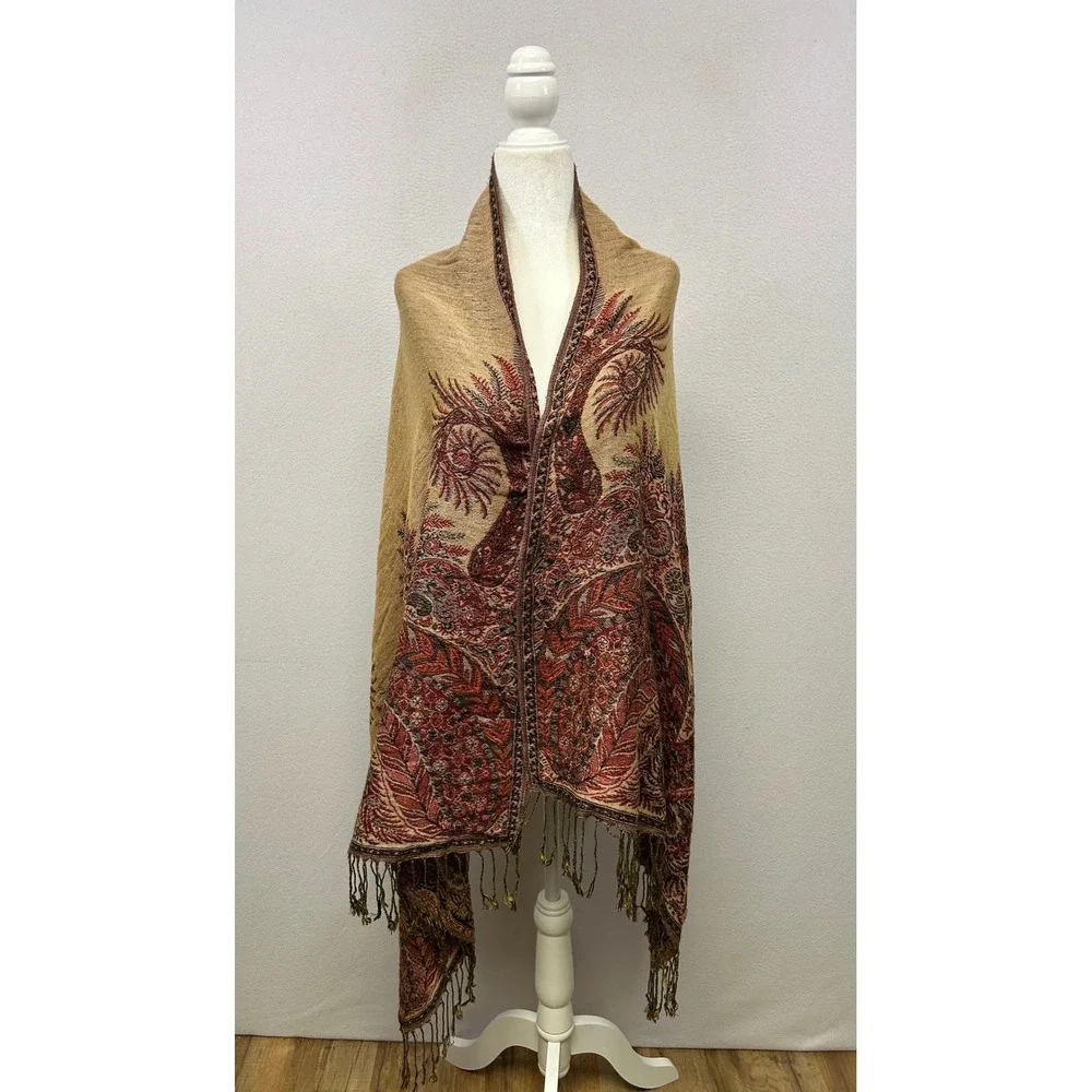 Boho Ethnic Womens OS Tan Red Paisley Reversible Pashmina Shawl Wrap